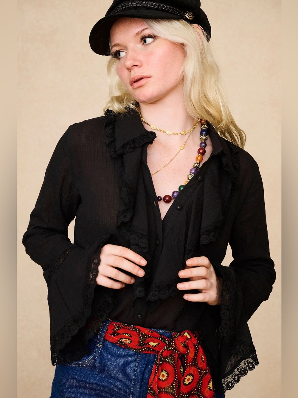 The Hippie Shake Storyteller Black Lace Trim Ruffle Blouse UK 20 US16